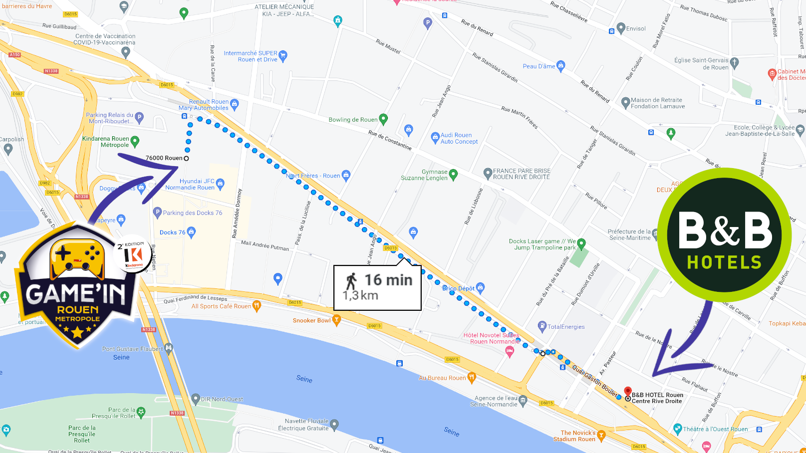 Route entre B&B et Kindarena